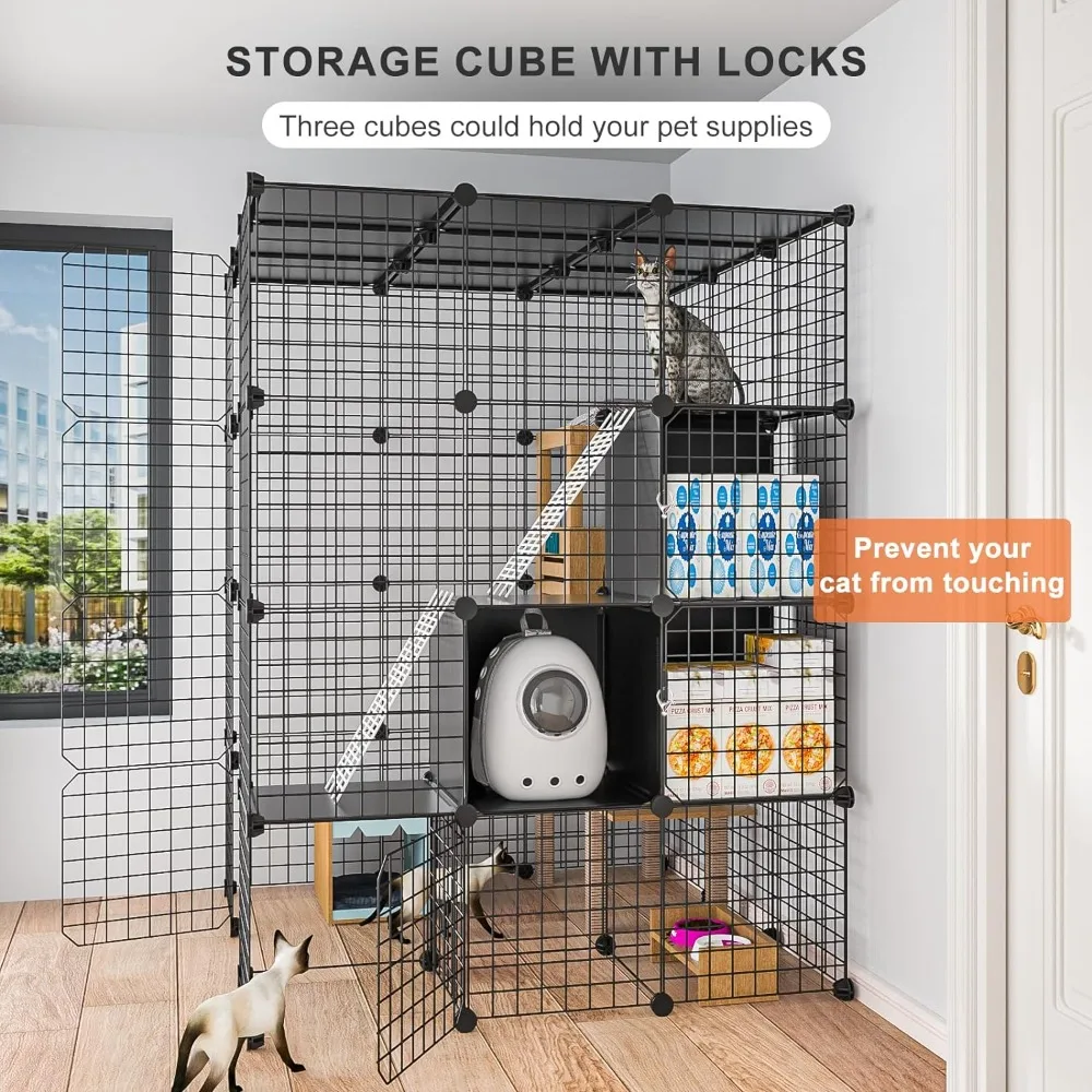 Large Cat Cage Indoor with Storage Cube Catio Outdoor Cat Enclosure Indoor Metal Wire Kennels Detachable Cat Crate Playpen 3x3x4