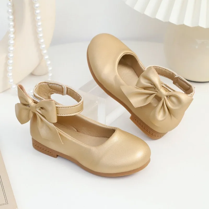 

Girls Leather Mary Jane Shoes Ankle Strap Bowknot Decor Side Zipper Round Toe Low Heel Princess Party Performance Footwear Gold