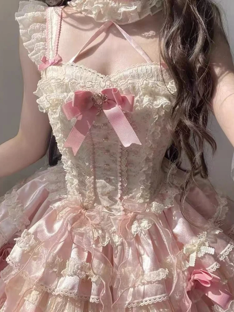 Słodka Sukienka Lolita w Kolorze Różowym dla Kobiet, Projekt Kawaii, Patchworkowa, z Kokardą, Koronkowa Sukienka na Ramiączkach, Moda Dziewczęca, Urocza, Śliczna Sukienka w Stylu Wróżki