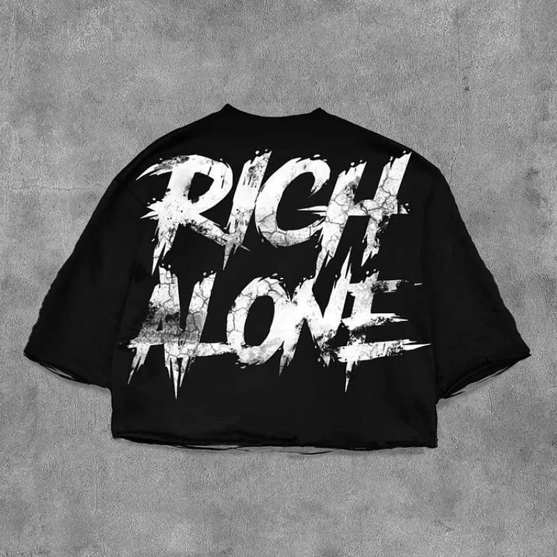 Rich Alone Graphics Print 100% Cotton Cropped T-Shirts Men Y2K Summer Short Sleeve Vintage Oversize Tshirt Streetwear Women Tops