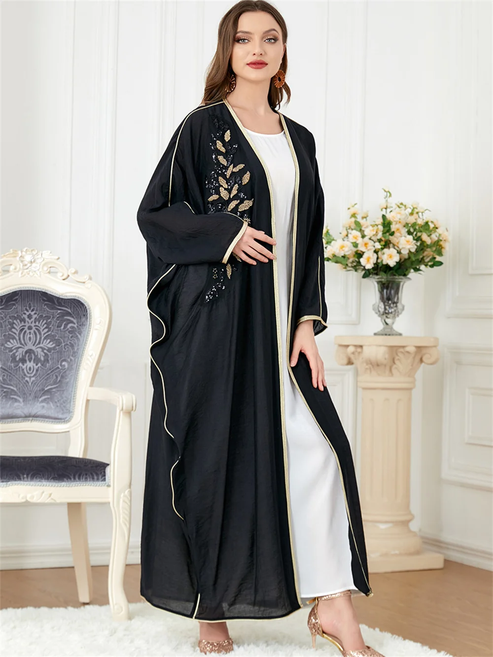 2024 New Kimono Abaya Ramadan Embroidery Black Muslim Dress for Women Islamic Eid Jalabiya Marocain Gown Turkey Moroccan Kaftan