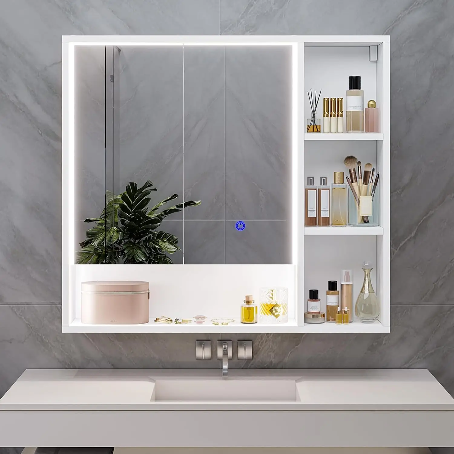 

Lighted Medicine Cabinet Mirror Shelves Modern Bathroom Aluminum LED 31.5x30.7, Customized