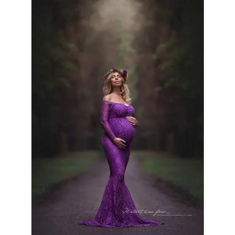 Women's Lace Pregnant Women's One-line Collar Solid Acrylic Long Dress Photography Long-sleeved Dress