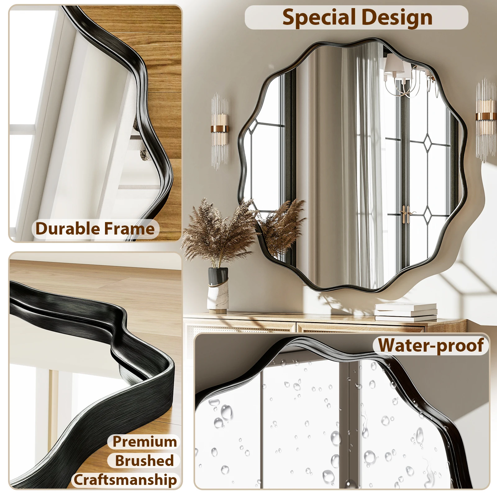 مرآة حمام دائرية متموجة، مرآة حائط مزخرفة بإطار عميق #5