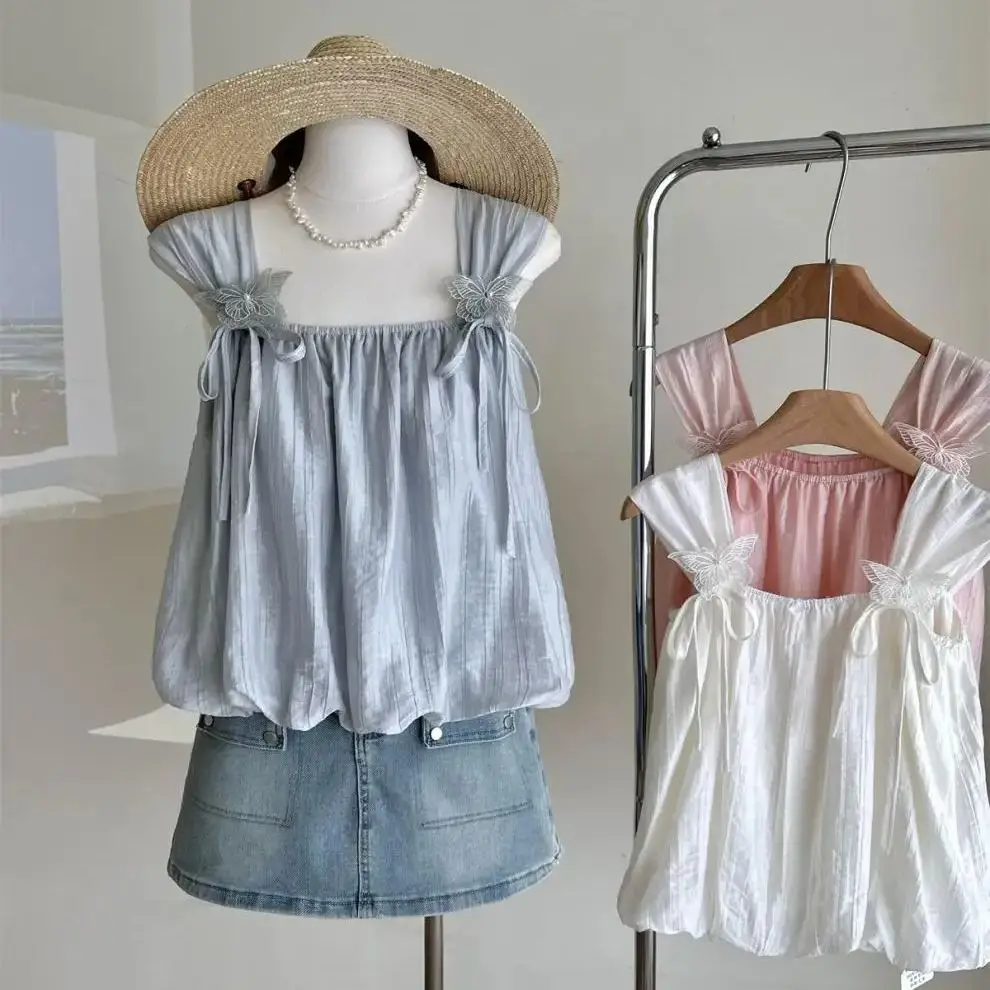 Korean style age-reducing camisole women‘’s summer 3d butterfly design pleated square collar loose western style tops