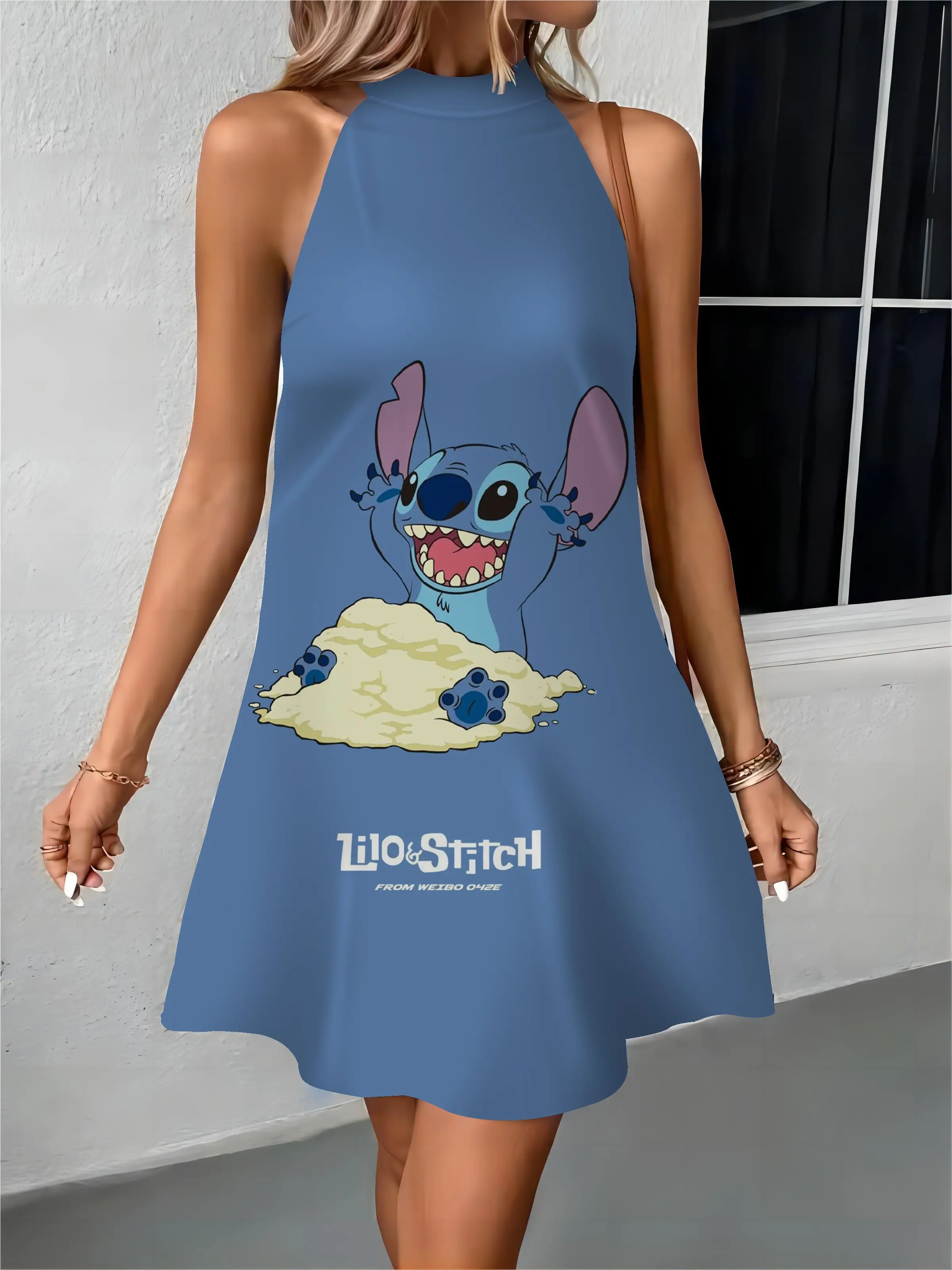 Fashion Summer Dresses 2024 Off Shoulder Apron Bow Knot Women's Luxury Party Dress Disney Stitch Womens Elegant Evening Midi New