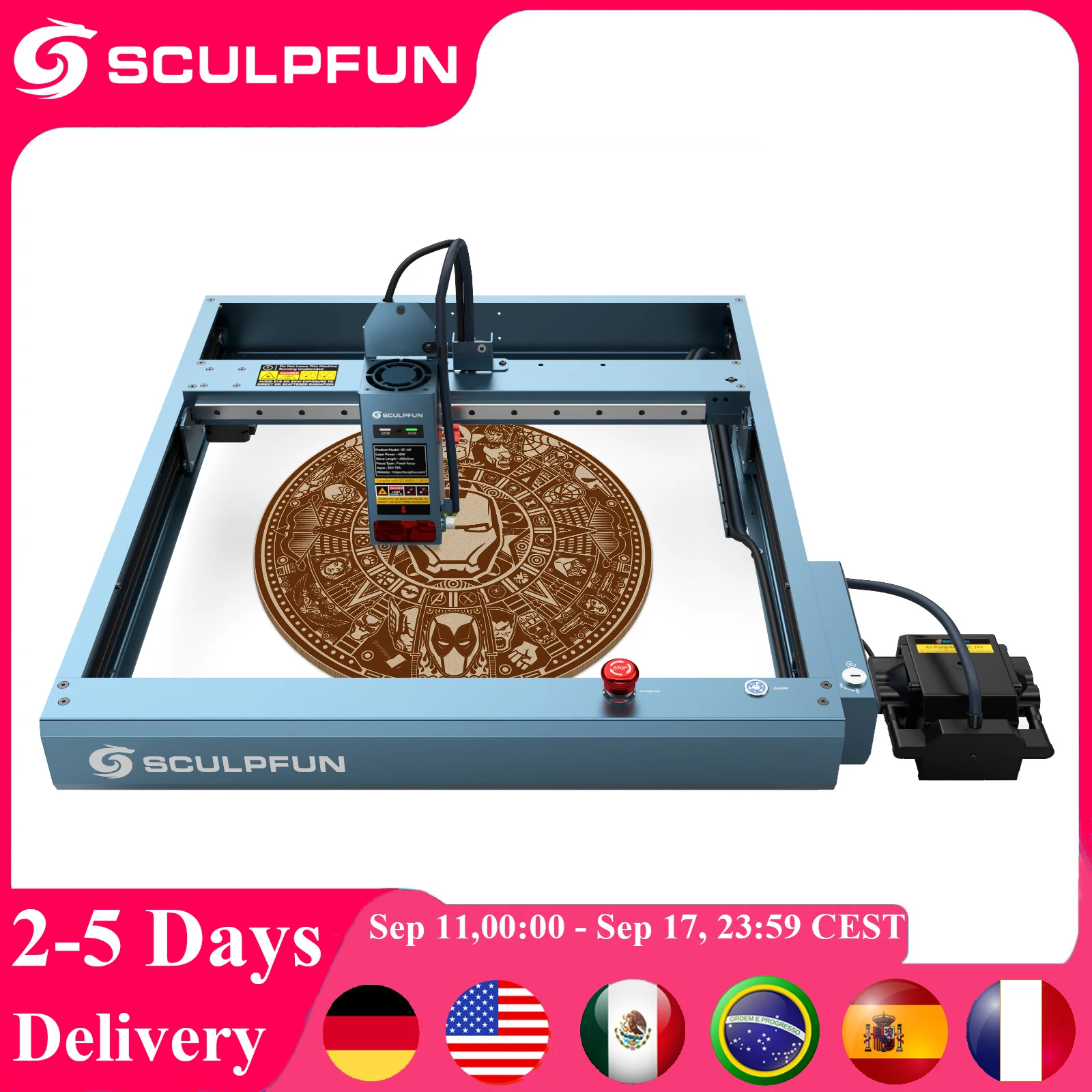 Sculpfun SF-A9 40W grawer laserowy maszyna do cięcia z precyzyjnym pozycjonowaniem funkcja alarmu temperatury płomienia obszar roboczy 400x400mm