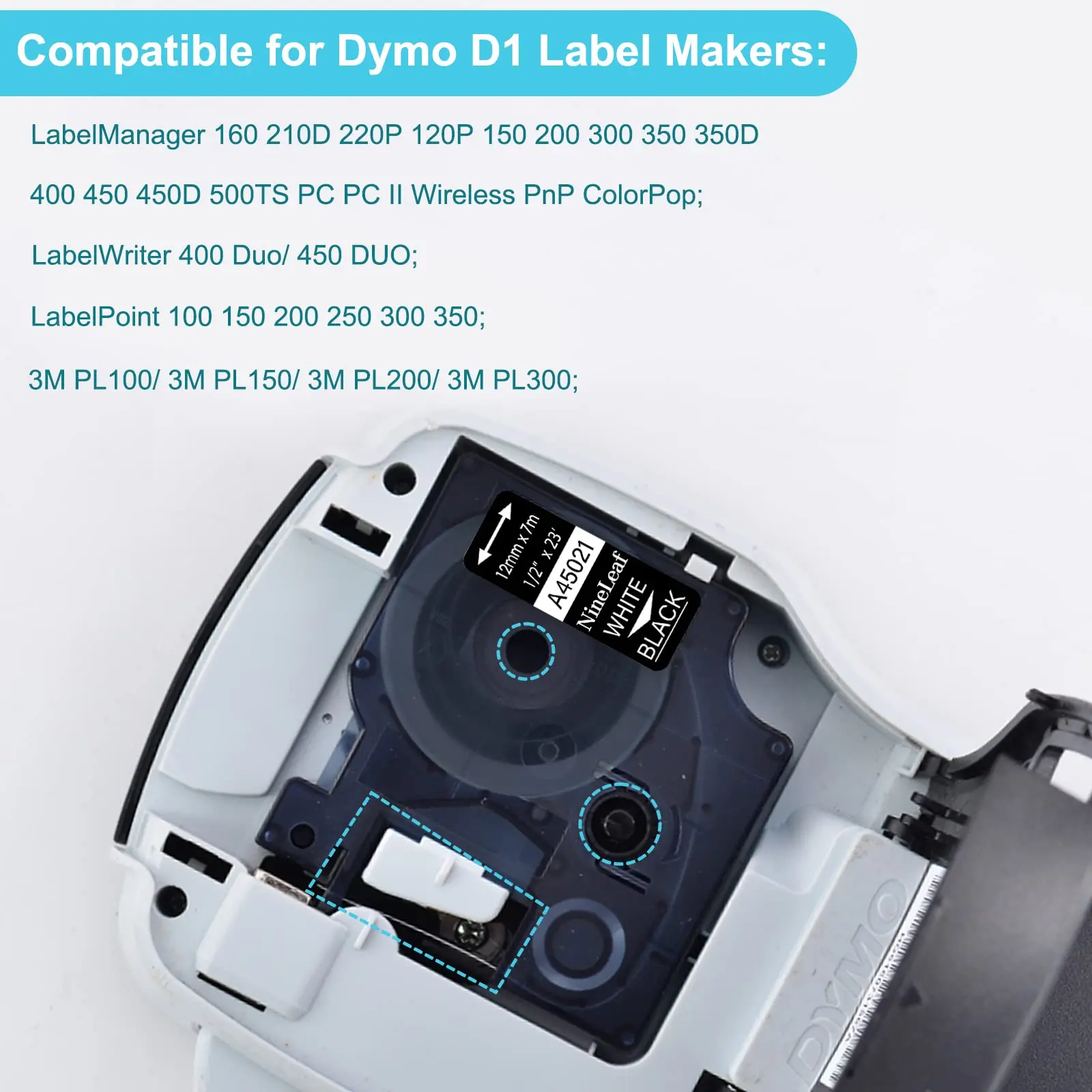 Imagem -04 - Etiquetas de Fita Padrão Compatíveis com Dymo Etiquetas Laminadas Branco sobre Preto Compatível com Labelmanager 100 Impressoras 120p 45021 12 mm 10pk d1