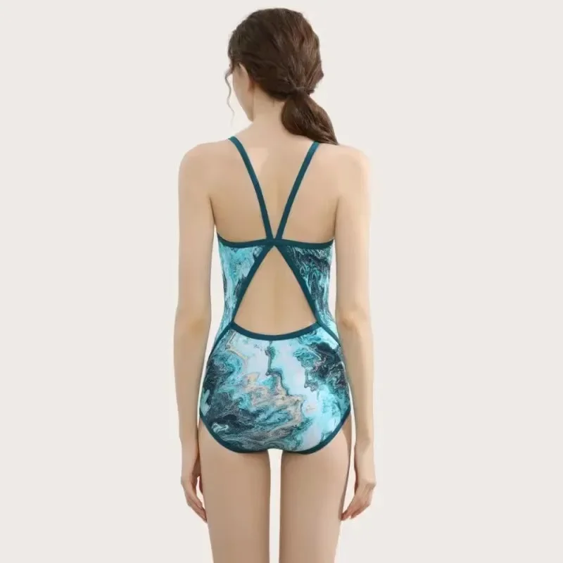 One Piece Swimsuit for Women Seawater Printing Sports Bikinis Retro Slimming Professional Racing Swimsuit Women\'s Hot Spring