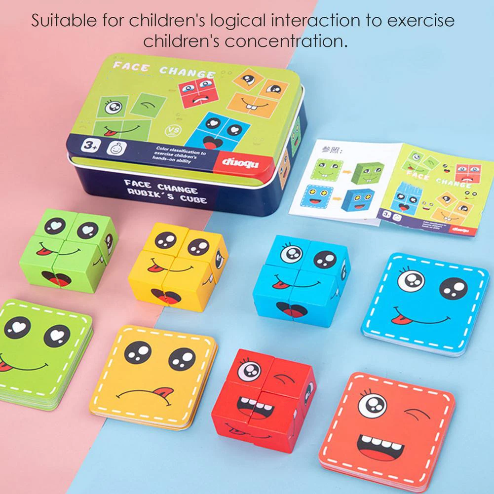 Wooden Face Changing Cube Toys Building Blocks for Cartoon Puzzle Montessori Jigsaw Educational Board Game Family Toys