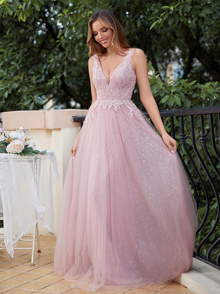 Sparkly Tulle Lace Evening Dresses For Women 2024 Appliques Prom Dresses Long Ball Gown V Neck Birthday Party Dress Elegant