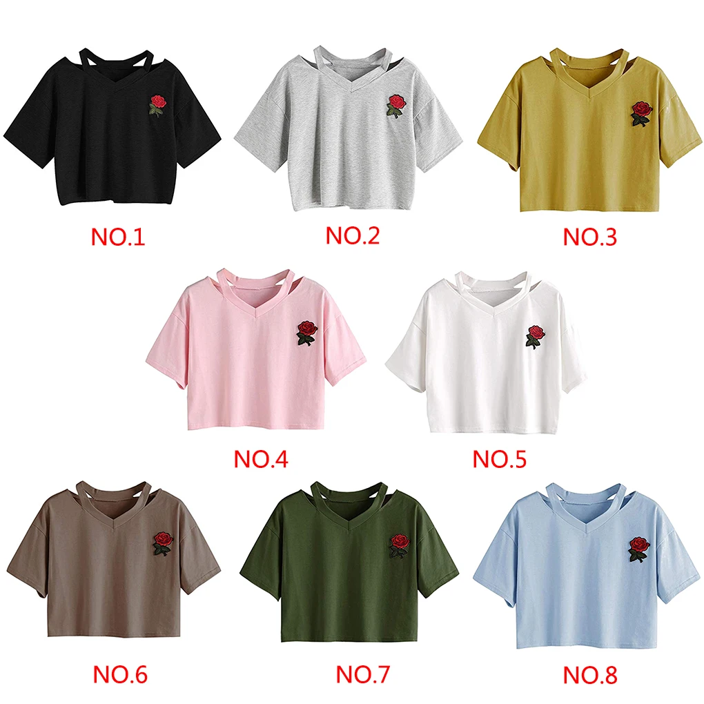 Dames sexy V-hals geborduurd roos kort T-shirt dames top meisjes blouse