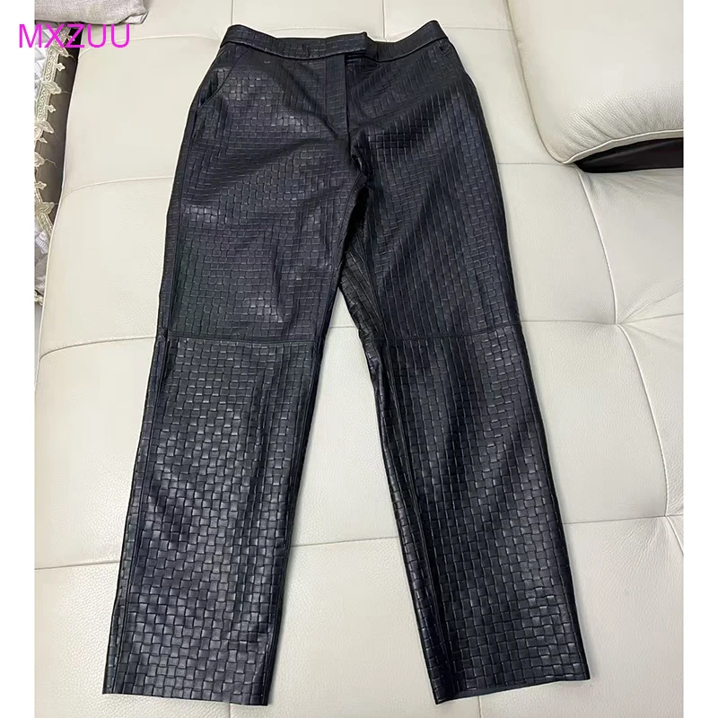 Harajuku Leather Pants for Women Autumn Winter Slanted Pockets Embossing Design Natural Sheepskin Ankle Style Straight Trousers