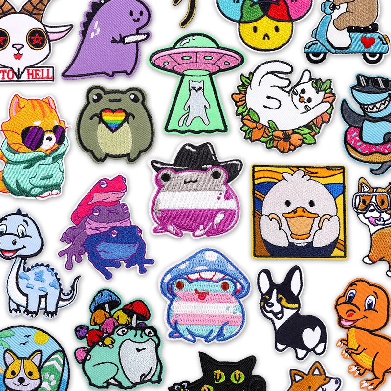 Cartoon Dinosaur Iron On Patches For Clothing Corgi Duck Embroidered Patches Cute Applique For Kid Clothing Backpack Craft Decor