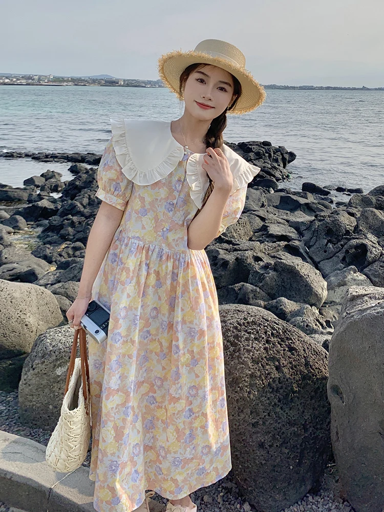 فستان صيفي جديد بطبعة زهور طويل للنساء، فستان ماكسي كاجوال بتصميم عتيق بخصر مرتفع وقصة A-Line وأكمام قصيرة