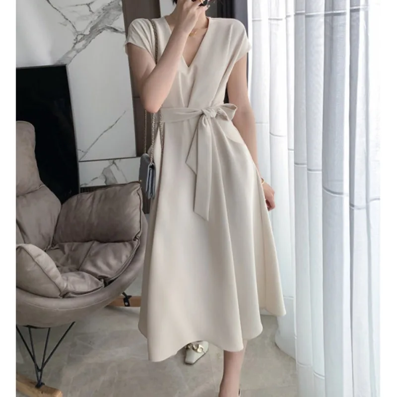 

Elegant Summer Short Sleeve Dress Women Fashion OL Work Sundress Robe Femme Korean Casual Solid Lace Up A Line Vestido Платье