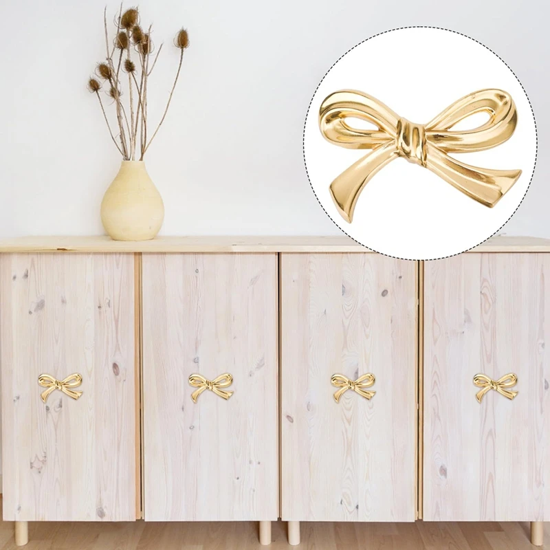 2Pcs Gold Brass Bow Dresser Knobs, Vintage Bow Shape Drawer Pull Handles For Cabinet, Wardrobe, Kitchen