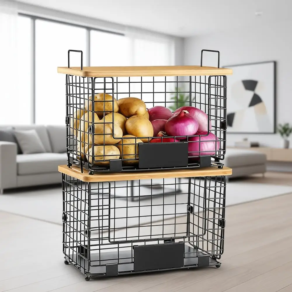 

Stackable Wire Baskets with Bamboo Lids - Pantry Storage Organizer for Kitchen Counter, Cabinet, and Sink Area, Ideal for Snacks