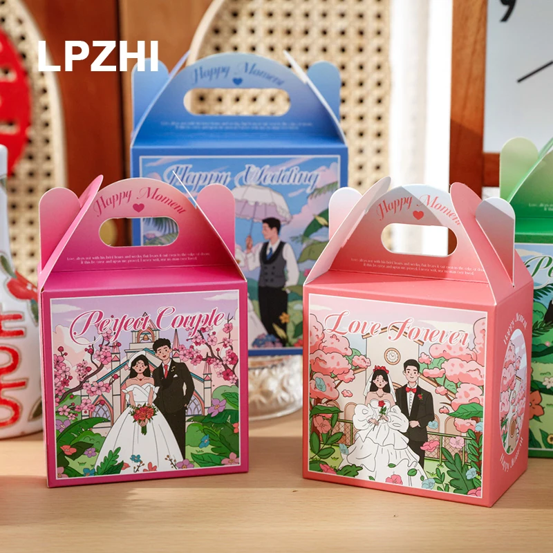 

LPZHI 10Pcs Wedding Paper Boxes With Handle Happy Wedding Party For Candy Cookies Chocolate Gift Packaging Creative Favors