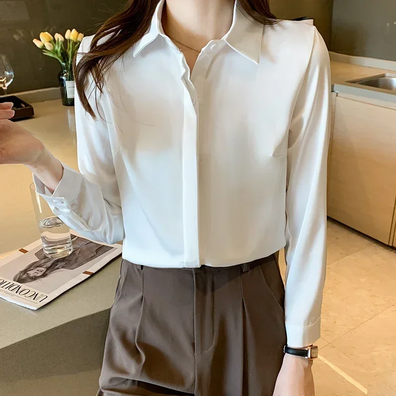 

2025 Fashion Long Sleeve Turn Down Collar Women Shirt White Satin Elegant Soft Shirt Blouse Women Tops Camisas De Mujer N628