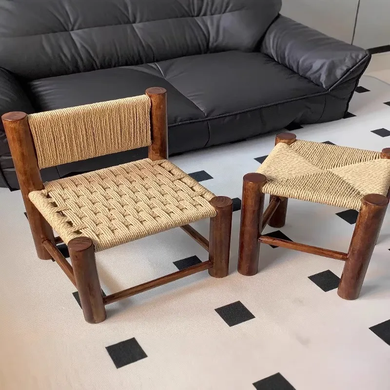 Household woven low stool, solid wood living room sofa tea stool retro small chair