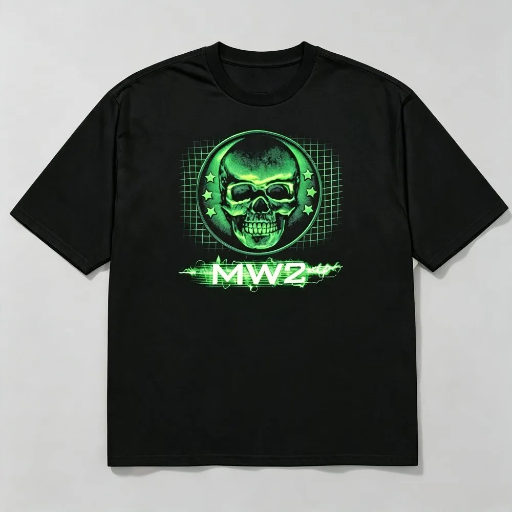 Summer Men Retro Gaming Skull Printed T-shirt Vintage Neon Green Short Sleeve Cotton Black Tee Casual Streetwear Hip Hop