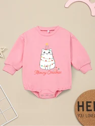 Merry Christmas Cat Cute Baby Girl Clothes Pink Long Sleeve Sweatshirt Cartoon Kawaii Harajuku Newborn Boy Bodysuits Xmas Gift