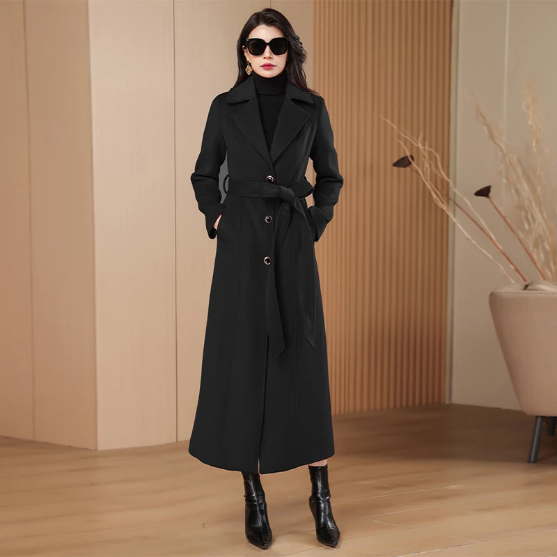 

Black Woolen Coat for Women, Elegant High End Long Sleeve Wool Coat, Slim Fit Suit Collar Winter Fashion Outerwear, 2025 Casual