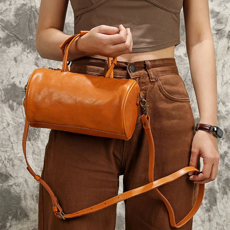 

Barrel-Shaped Handbag Vintage Genuine Cowhide Leather Shoulder Bags Women Versatile Chic Trending Fashion Zipper Crossbody Bag