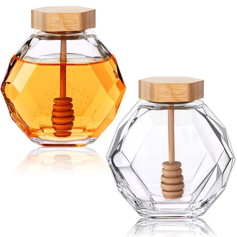 Hexagonal Glass Honey Empty Bottle With Wooden Honey Pot Stirring Rod Sealing Clear Jam Jar Kitchen Home Storage 250g/500g/1000g