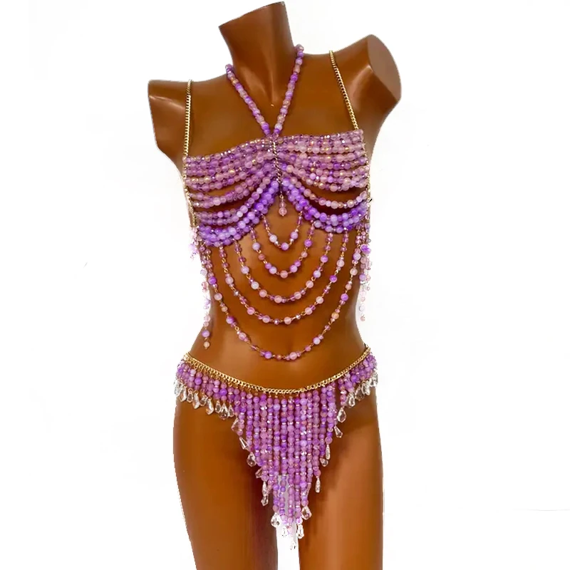 Handmade Festival Clubbing Outfit Sexy Halter Neck Purple Red Crystal Y2K Beaded Body Chain Mermaid Bra Top & Skirt 2PCS Set