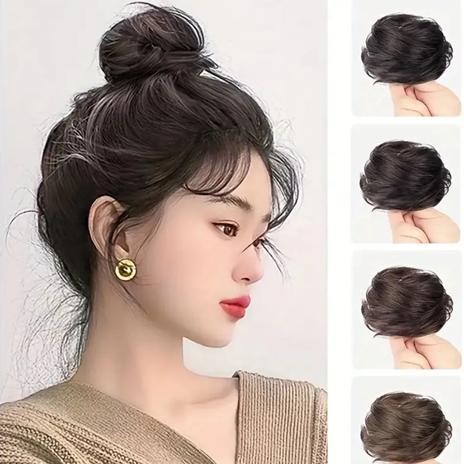 쉽게 착용할 수 있는 합성 업두 가발 우아한 스트레이트 시뇽 번 헤어 고무 밴드 포함 열 저항성 섬유 포니테일 헤어피스