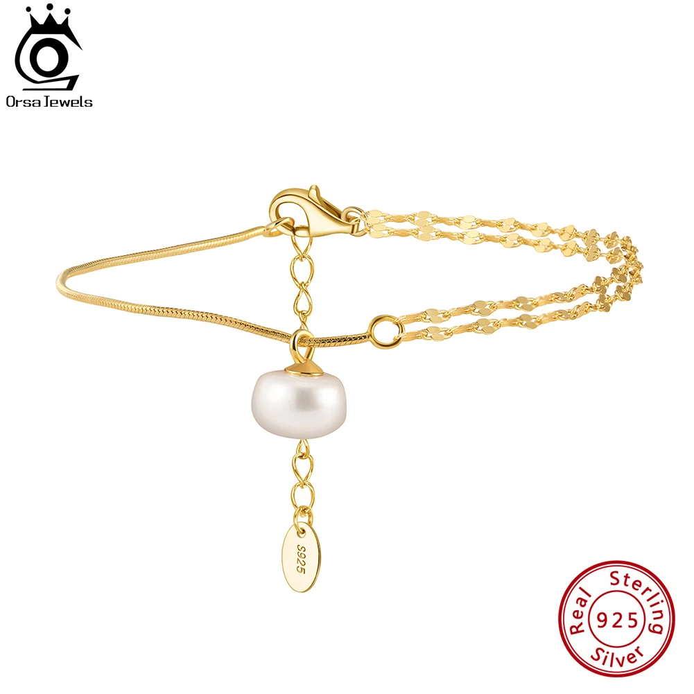 ORSA JEWELS Natural Pearls Fish Lips&Snake Chain Bracelet 925 Sterling Silver Chain with 14K Gold for Women's Jewelry GPB30