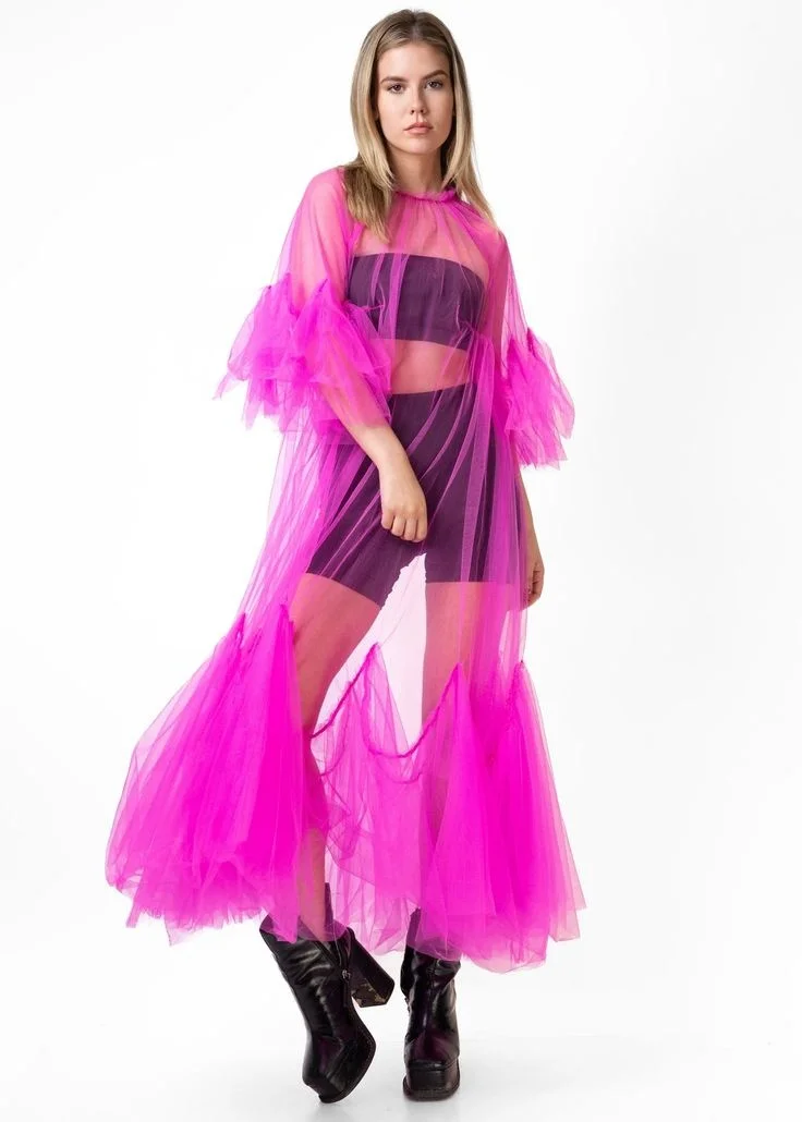 Elegant Maxi Sheer Dress Fuchsia Tulle Overlay Dress Sheer Women Outfit With Trumpet Sleeves Girls Tulle Dresses #2