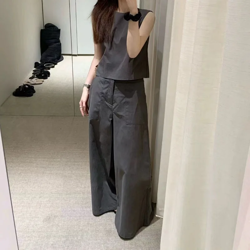 Setelan Dua Potong Wanita Musim Panas 2025 Fashion Korea: Rompi Tanpa Lengan Warna Solid dan Celana Lebar Pinggang Tinggi Pelangsing