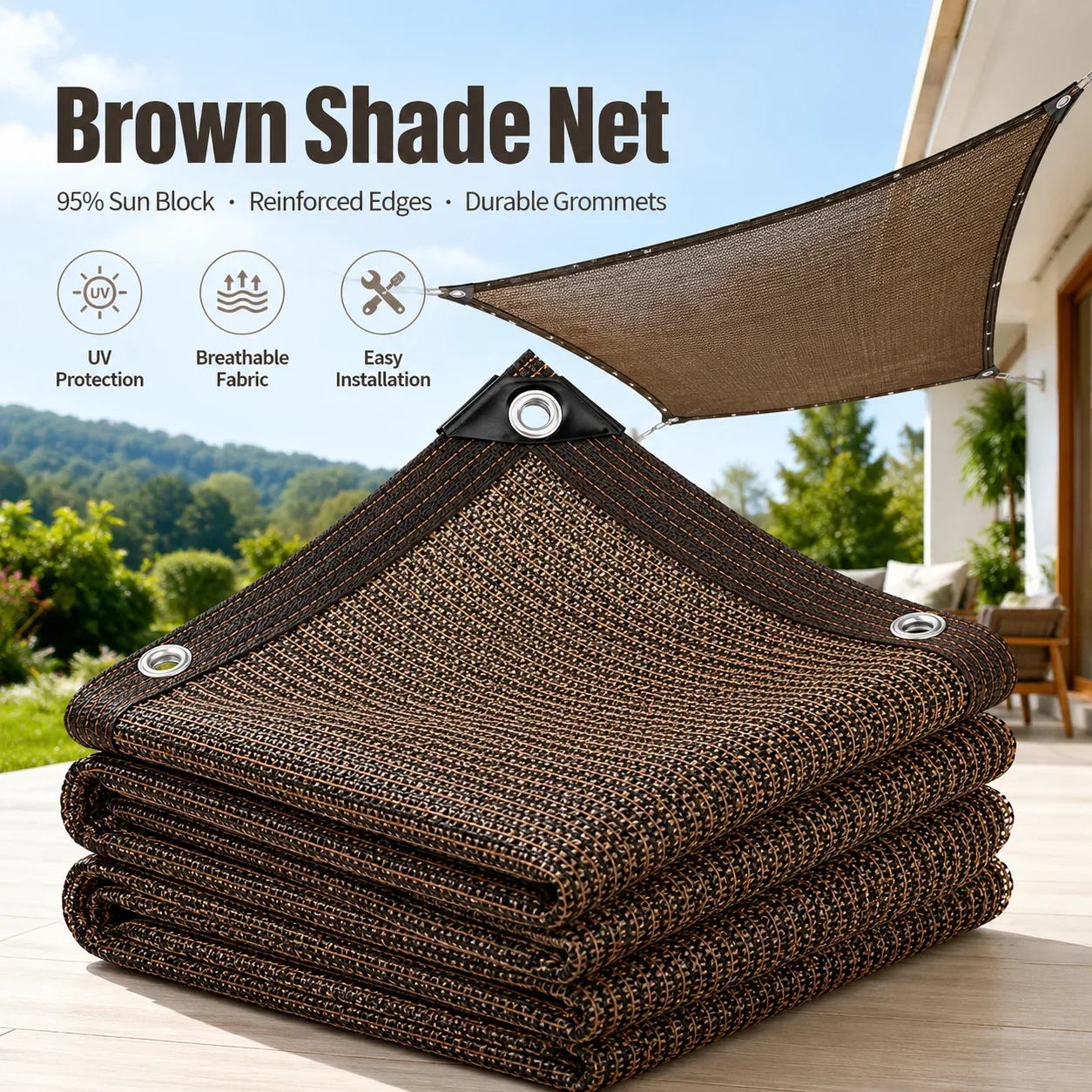 Large Courtyard Shading Net – Coffee Color, Durable HDPE Material, 95% Sun Block, Breathable, Outdoor Garden, Patio, UV Protecti