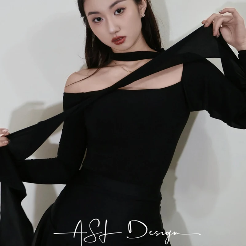 Sexy Latin Dance Tops Frauen Rüschen Lange Ärmel Trikots Ballroom Dance Praxis Kleidung Salsa Rumba Walzer Tanz Tragen BL18210