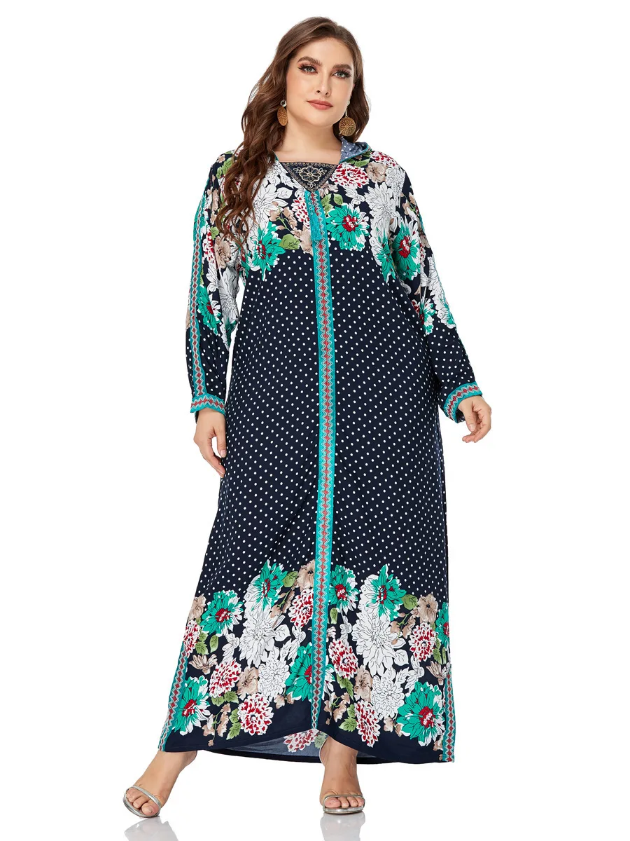 

A18220# Plus Size Women's Clothing Elegant Embroidered Hooded Long Sleeve Printed Dress Long Skirt Dubai Luxury Islam Elegant