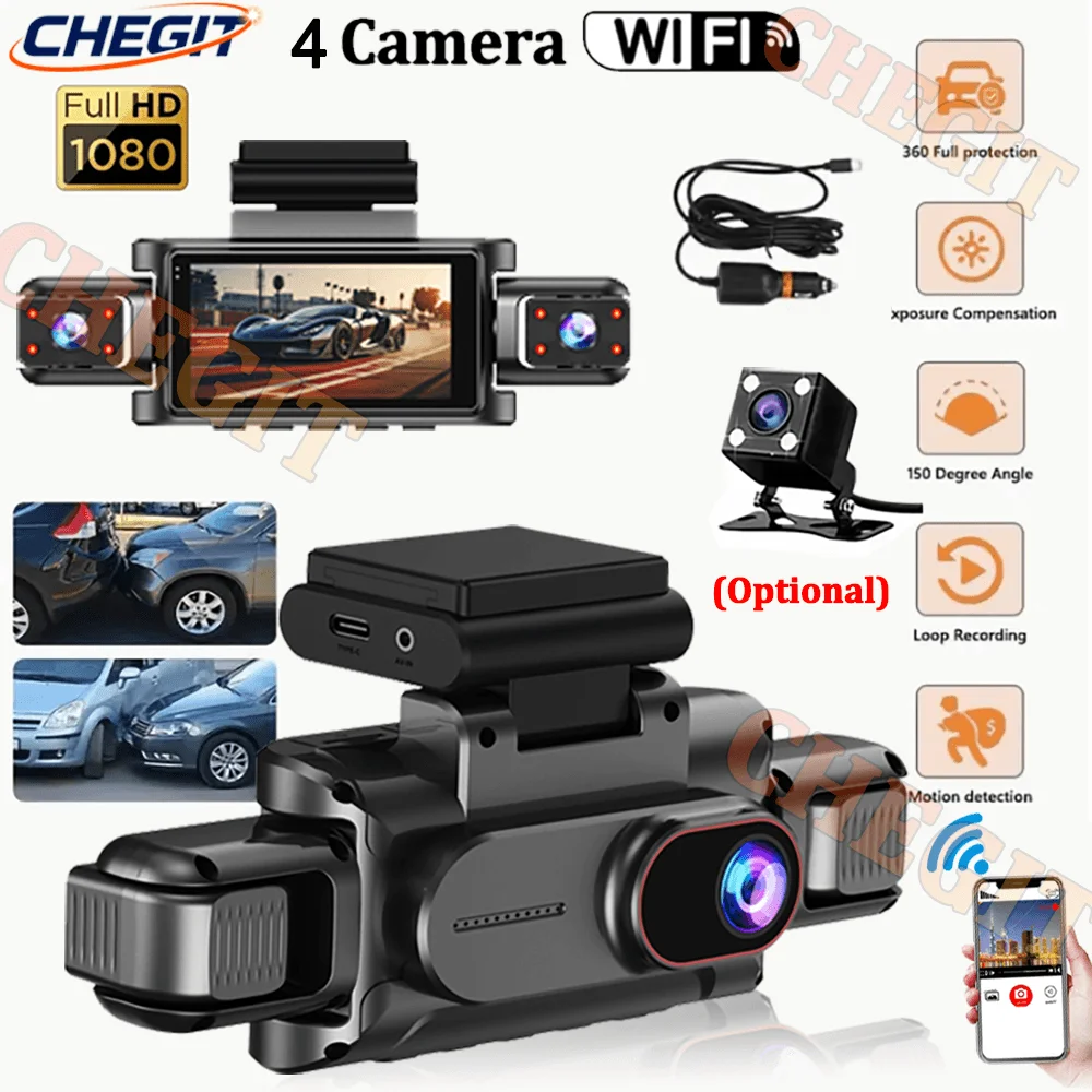 

Автомобильный видеорегистратор с 4 объективами, Wi-Fi, 360 градусов, видеорегистратор, 1080P, видеорегистратор, 3/4 канала, передняя правая, левая, дополнительная камера заднего вида, автомобильный аксессуар