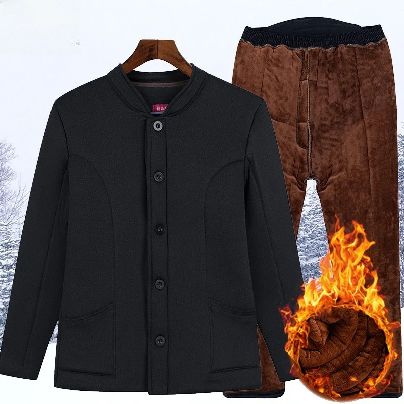 

Men's Thickened Fleece Lined Cotton Jacket And Pants Set Warm Home Clothes for Middle-Aged And Elderly Winter Thermal Underwear