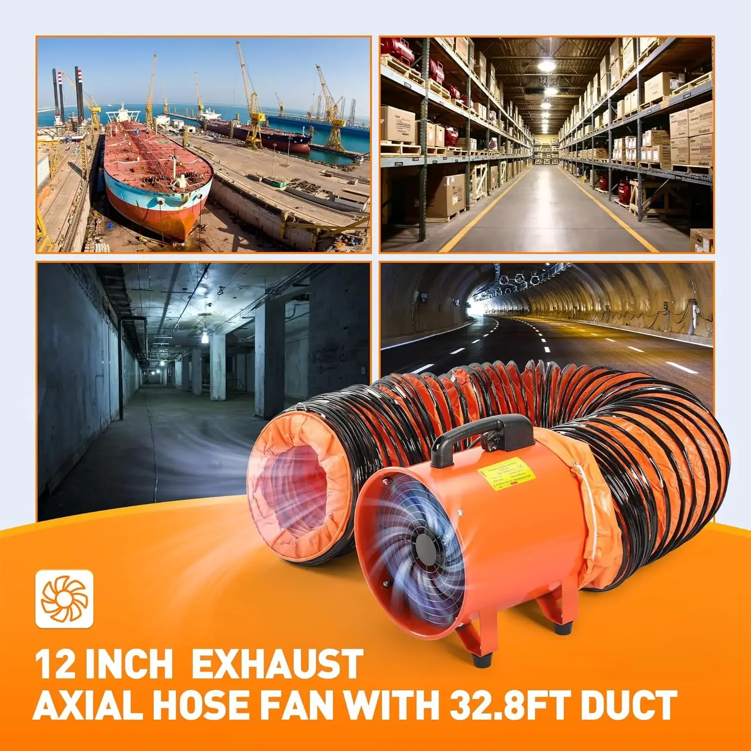 منفاخ/عادم سهل الاستخدام 12 بوصة مع مروحة خرطوم 32.8 قدم، 3300 دورة/دقيقة سرعة عالية منخفضة استخراج الضوضاء ومروحة تهوية