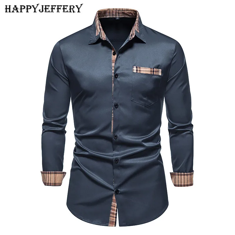 Happyjeffery New Shirts Long Sleeve for Men Slim Fit Plaid Collar Button Male Business Casual Men's Dress Shirts LS43