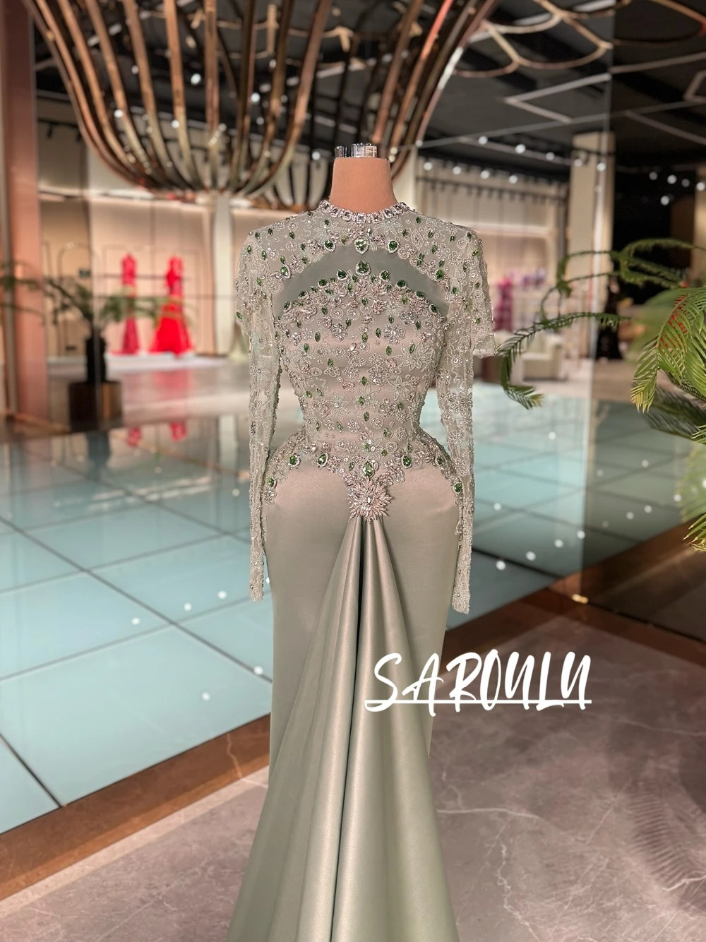 

New Sage Green Formal Evening Dress Unique Mermaid Long Train Crystal Bead Embellished Prom Gown High-end Party Galas Wear