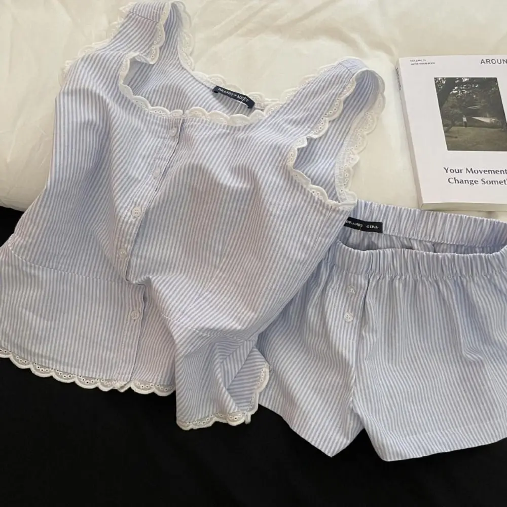 

Comfortable Lace Striped Pajamas Blue Suit Summer Sleepwear Single Breasted Lace Night Wears Girls