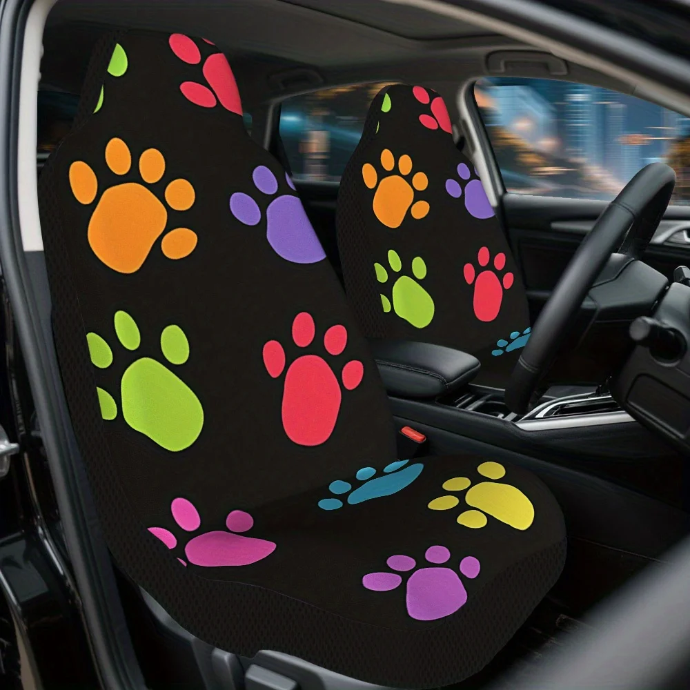 2pcs Colorful Paw Print Themed Car Seat Cover Set – High-Quality, Stylish Full Set For Most Cars, Universal Fit, Durable Design,