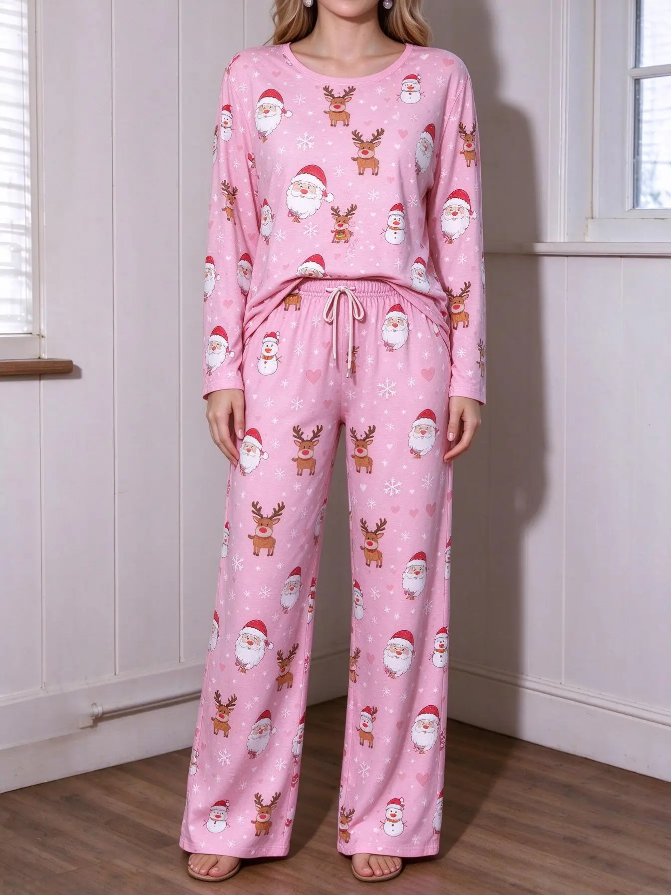 Women Imitation Cotton Loungewear Set Pink Christmas Santa Reindeer Snowman All Over Print Long Sleeve Pajamas