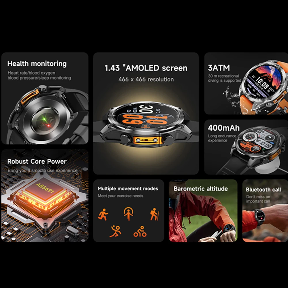 1.43" AMOLED Screen Men Outdoor Atmospheric Pressure Altitude Waterproof Smart Watches Blue Tooth Call Sports SOS Smartwatch