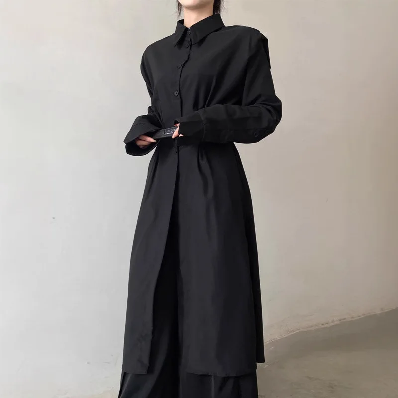 YY Inspired Avant-Garde Damen-Trenchcoat, geteilter Saum, Gürtel, Baggy-Trench-Shirt, japanische schwarze Kunst, Y2k-Unisex-Kleidung