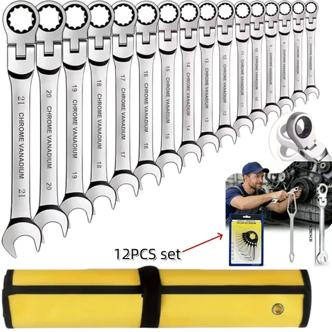 12Pcs Chrome Vanadium Steel Combination Wrench Set with 10Pcs Hex Key And 2Pc Wrench for Auto Garage Mechanical Repair