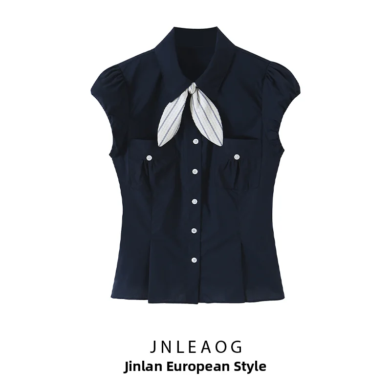 Fashionable  Knot Pocket Slim Fit Shirt JNLEAOG Summer New Arrival Women's Clothing Polyester Short Sleeve Shirt